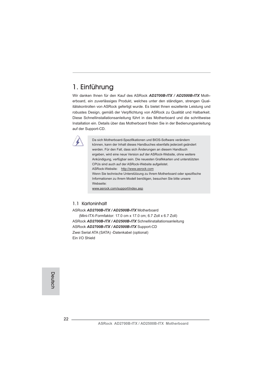 German, Einführung, 1 kartoninhalt | Deutsch | ASRock AD2700B-ITX User Manual | Page 22 / 143