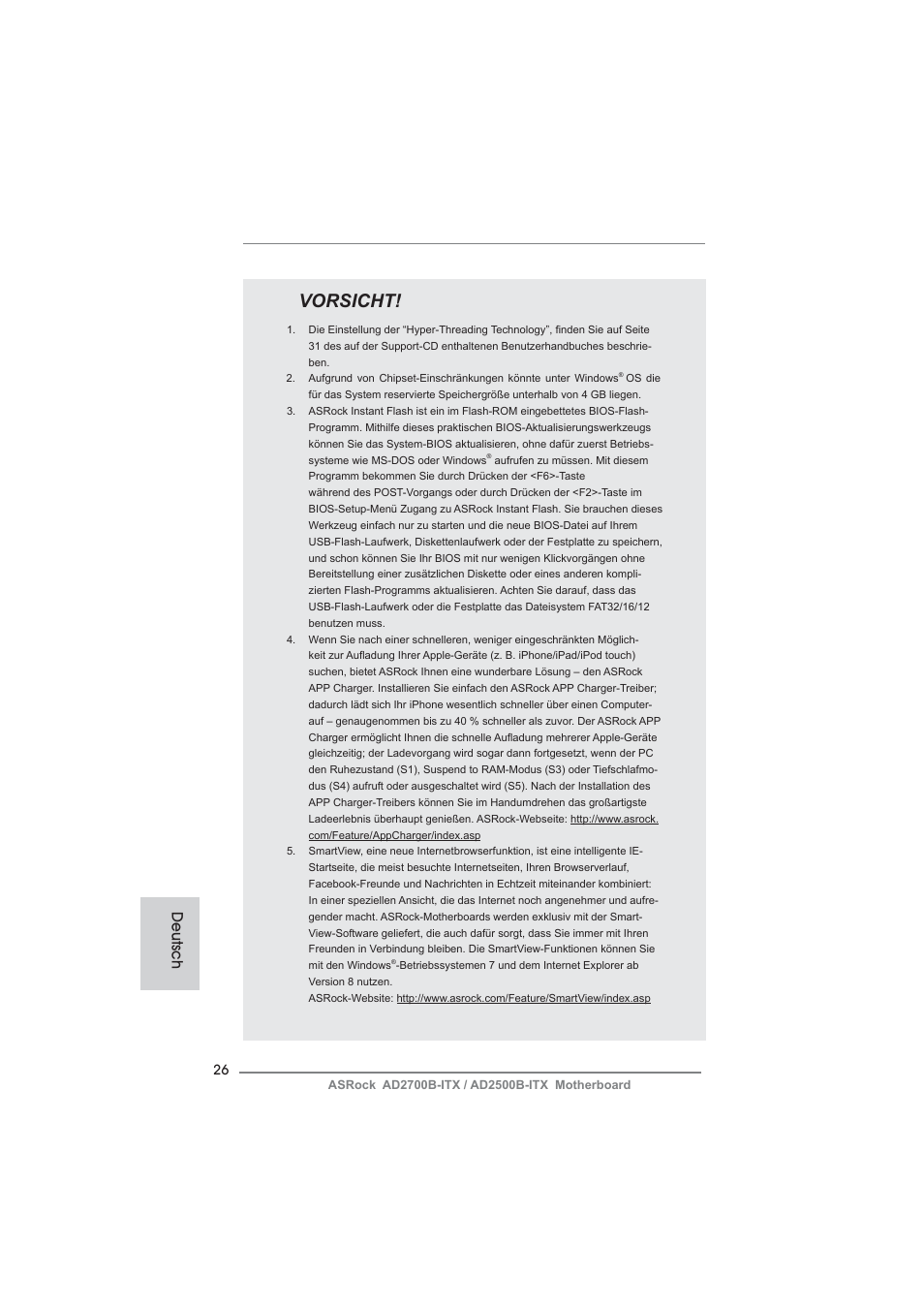 Vorsicht, Deutsch | ASRock AD2700B-ITX User Manual | Page 26 / 143