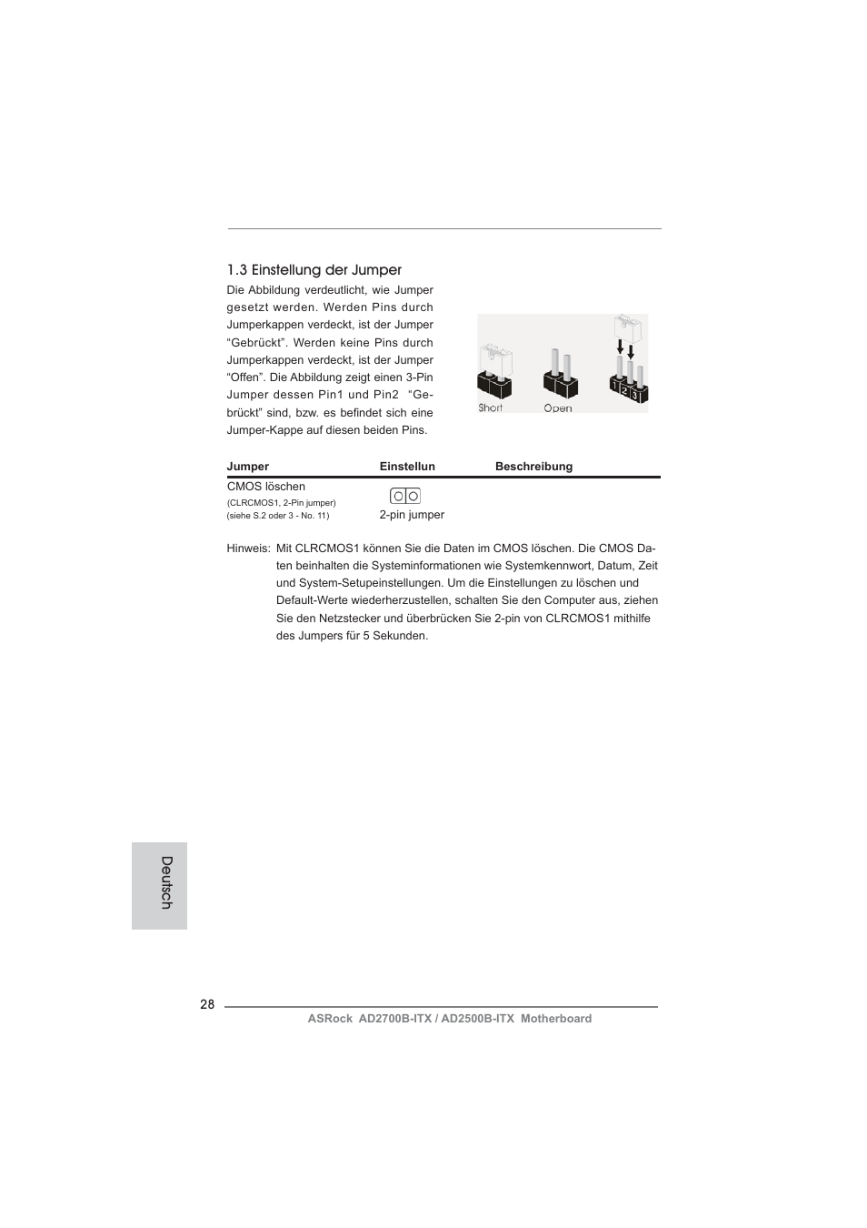 Deutsch 1.3 einstellung der jumper | ASRock AD2700B-ITX User Manual | Page 28 / 143