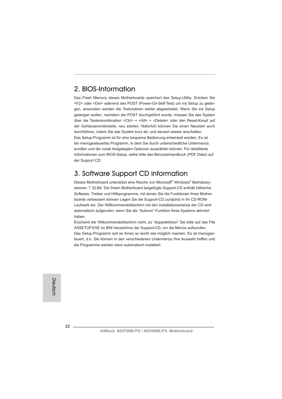 Bios-information, Software support cd information | ASRock AD2700B-ITX User Manual | Page 32 / 143