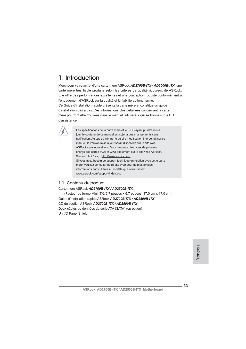 French, Introduction, 1 contenu du paquet | Français | ASRock AD2700B-ITX User Manual | Page 33 / 143