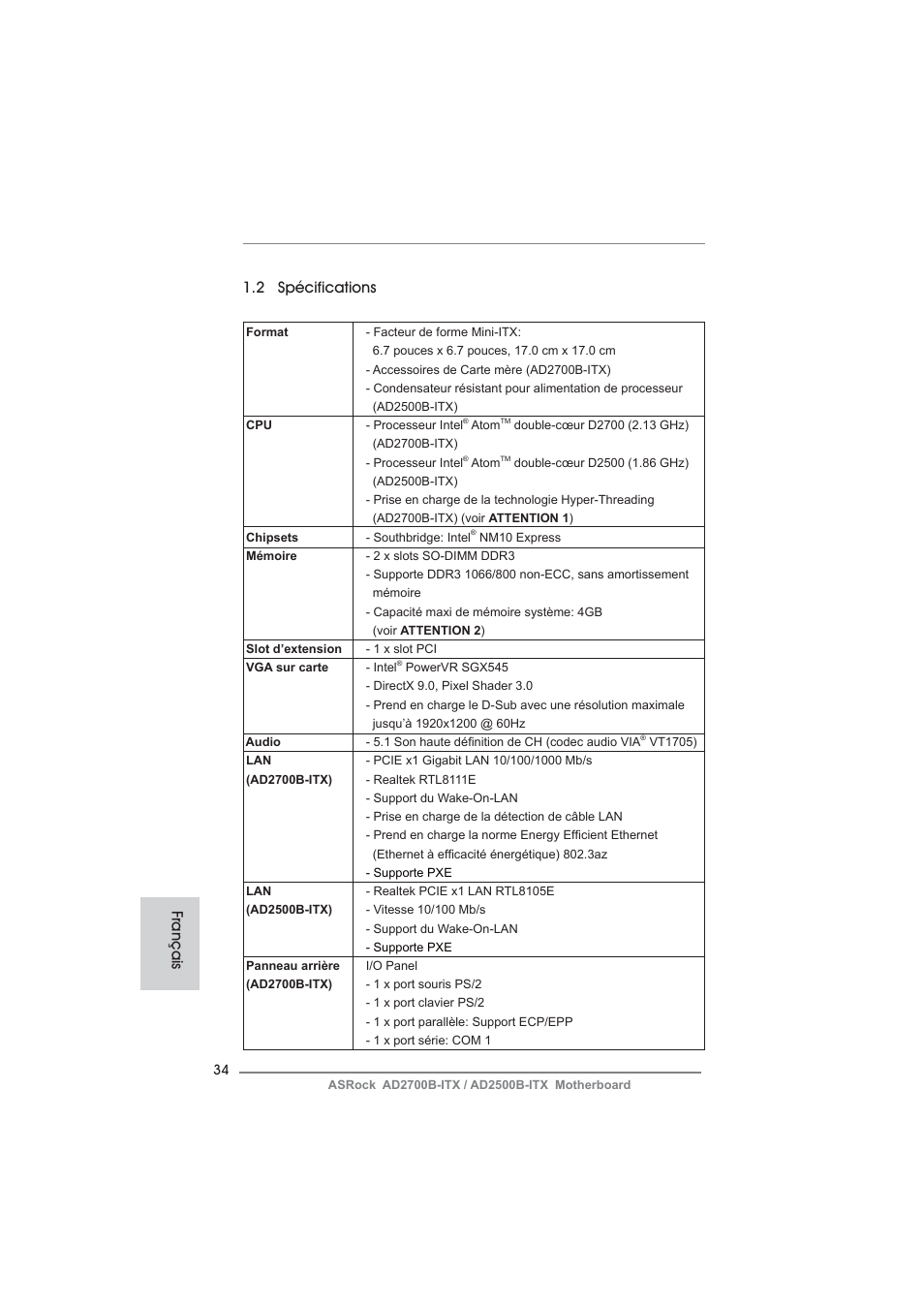 2 spécifications, Français | ASRock AD2700B-ITX User Manual | Page 34 / 143