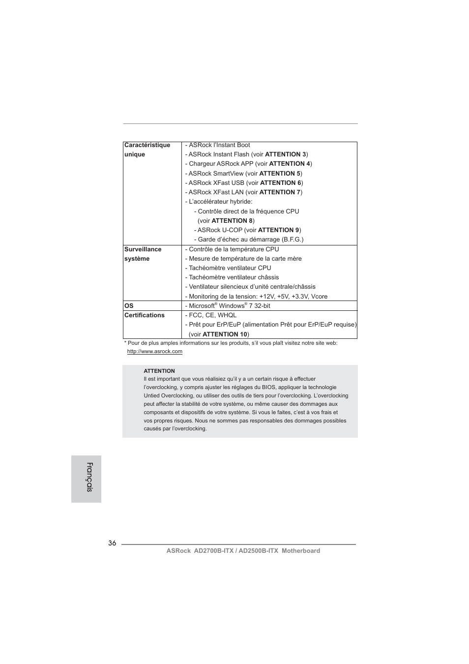 Français | ASRock AD2700B-ITX User Manual | Page 36 / 143