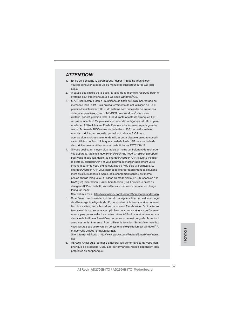 Attention, Français | ASRock AD2700B-ITX User Manual | Page 37 / 143