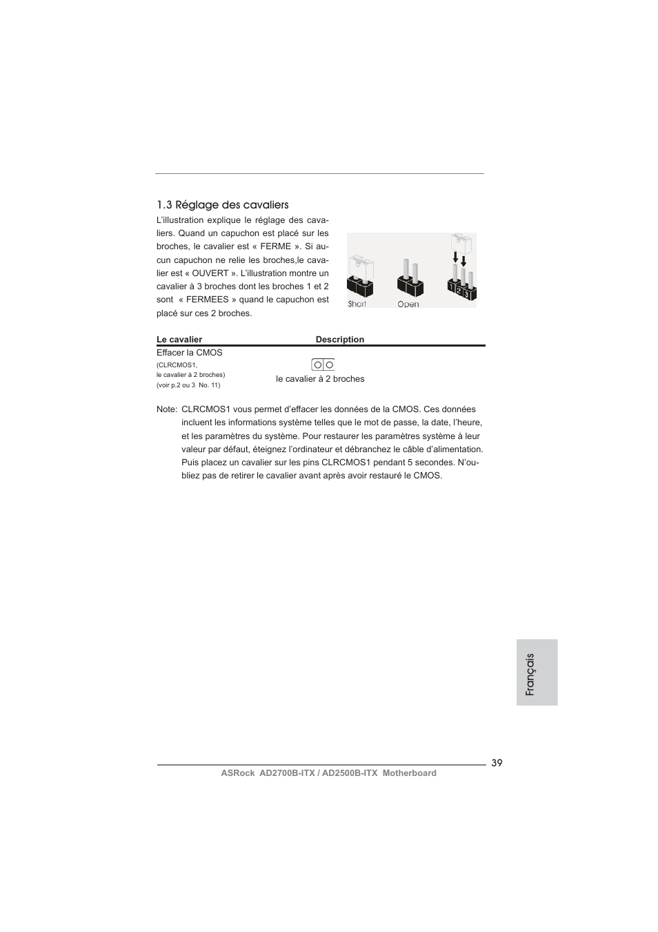 Français 1.3 réglage des cavaliers | ASRock AD2700B-ITX User Manual | Page 39 / 143