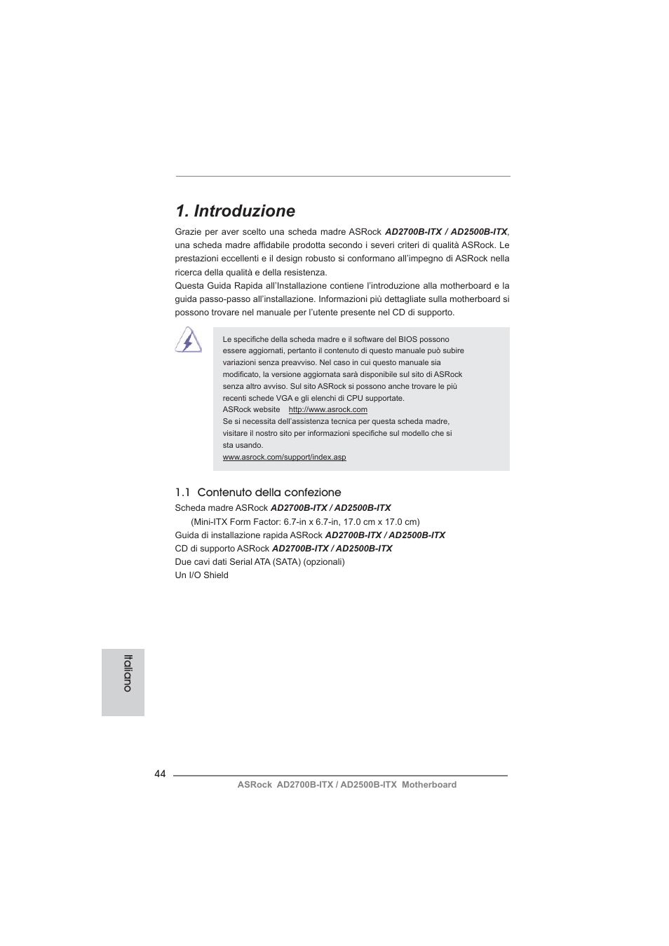Italian, Introduzione, 1 contenuto della confezione | Italiano | ASRock AD2700B-ITX User Manual | Page 44 / 143