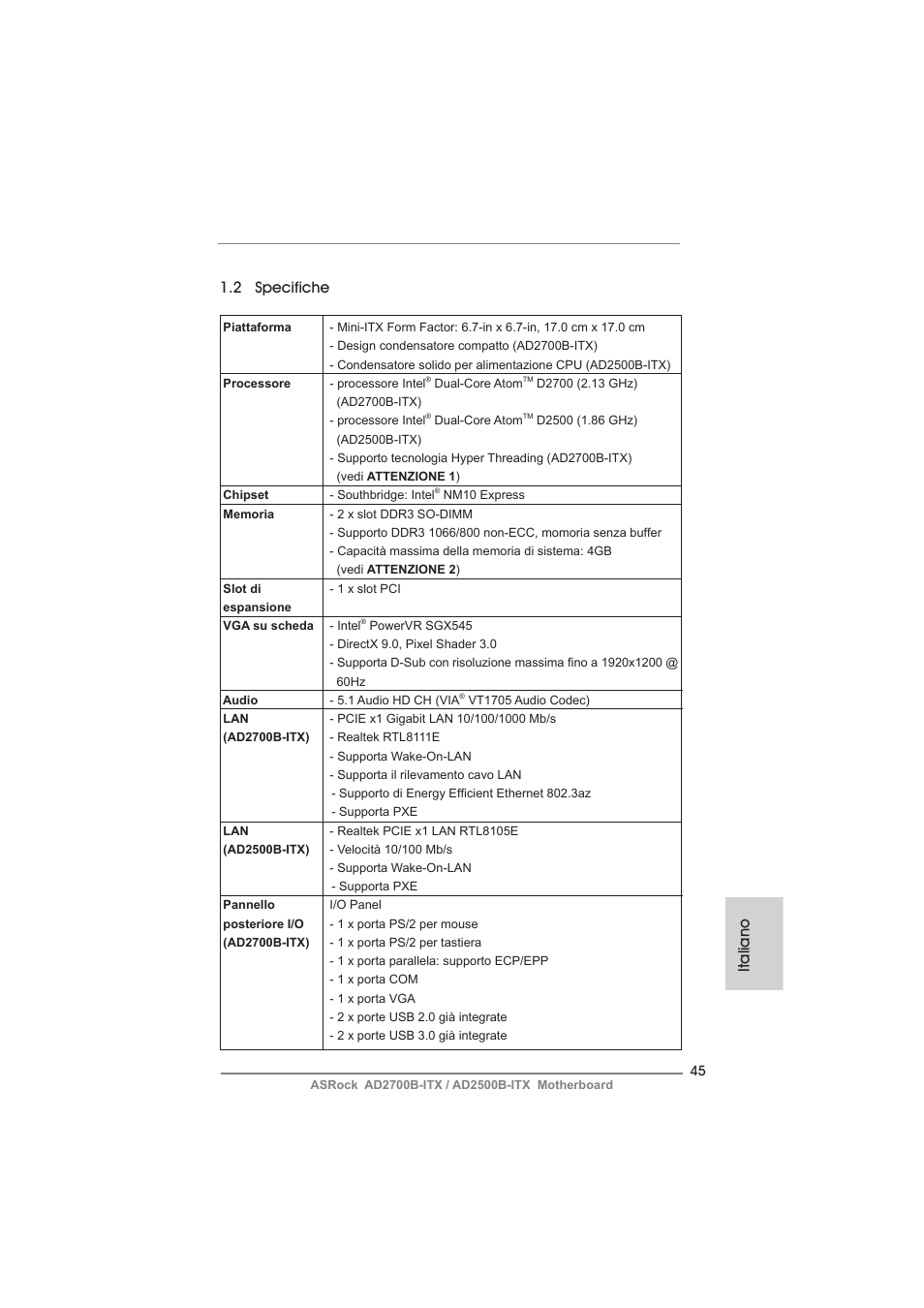 Italiano 1.2 specifiche | ASRock AD2700B-ITX User Manual | Page 45 / 143