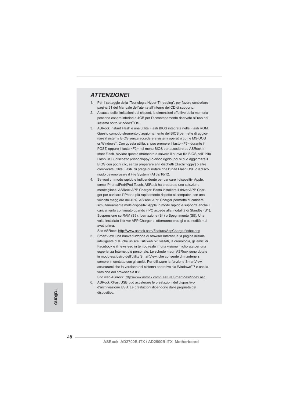 Attenzione, Italiano | ASRock AD2700B-ITX User Manual | Page 48 / 143