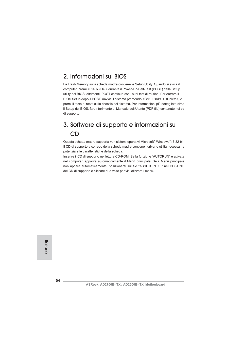Informazioni sul bios, Software di supporto e informazioni su cd | ASRock AD2700B-ITX User Manual | Page 54 / 143