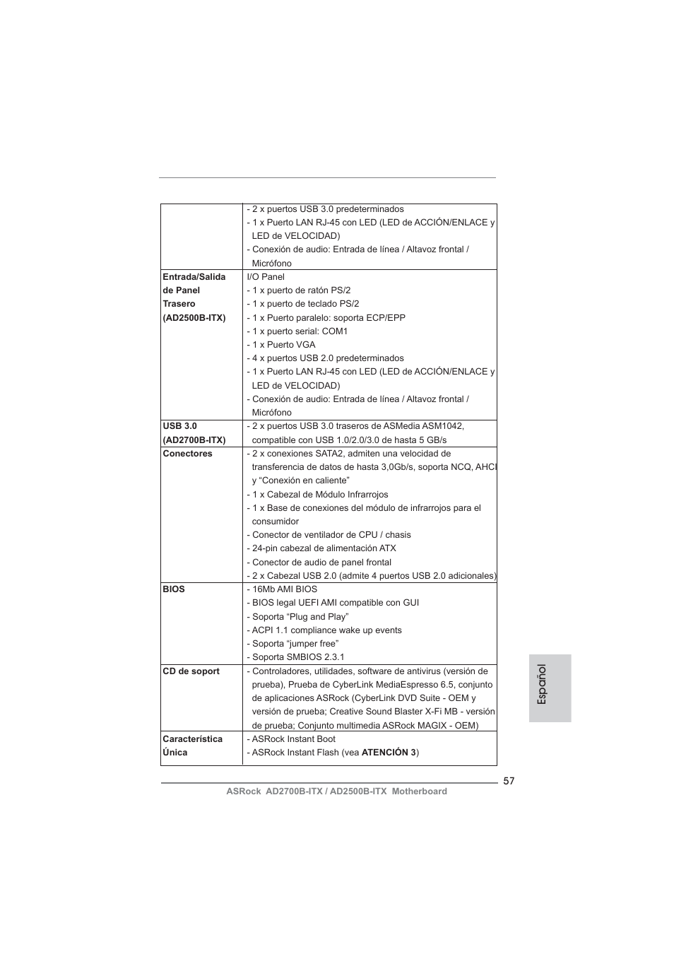 Español | ASRock AD2700B-ITX User Manual | Page 57 / 143