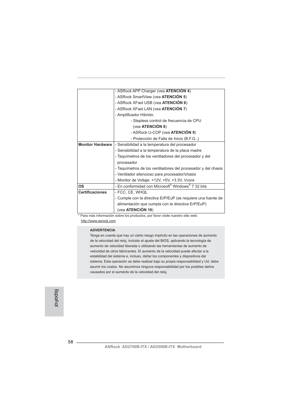 Español | ASRock AD2700B-ITX User Manual | Page 58 / 143