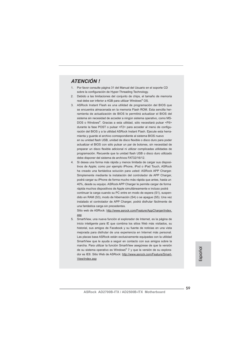 Atención, Español | ASRock AD2700B-ITX User Manual | Page 59 / 143