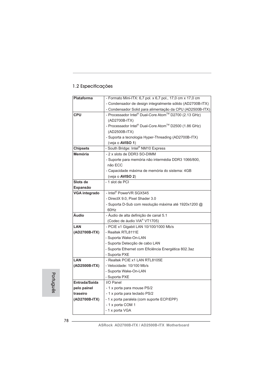 2 especificações, Por tuguês | ASRock AD2700B-ITX User Manual | Page 78 / 143