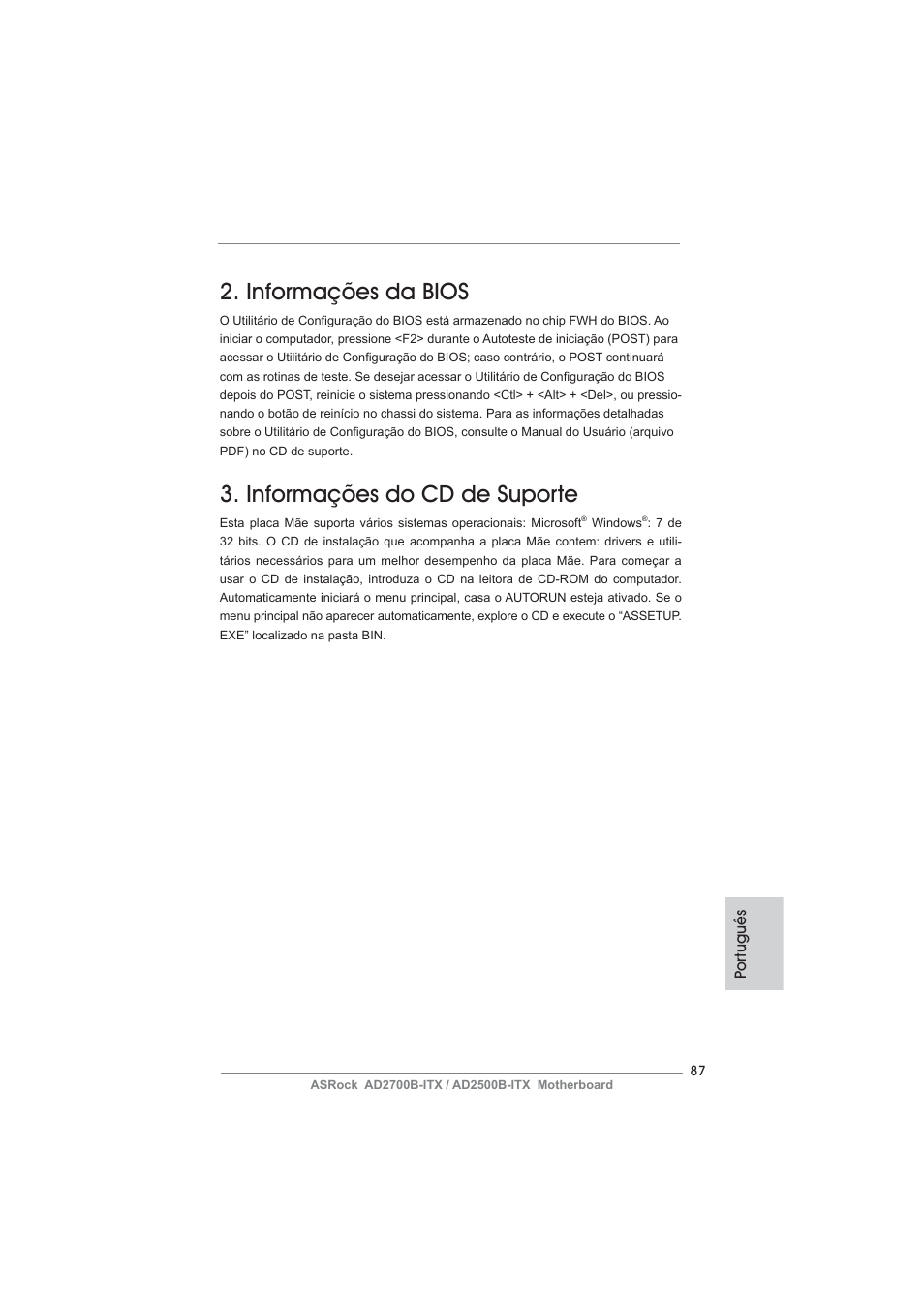 Informações da bios, Informações do cd de suporte | ASRock AD2700B-ITX User Manual | Page 87 / 143