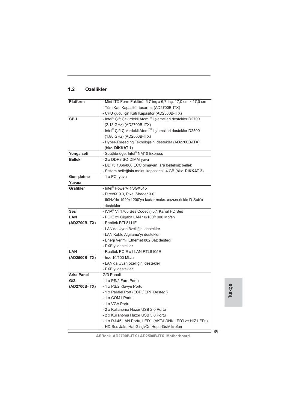 Türkçe 1.2 özellikler | ASRock AD2700B-ITX User Manual | Page 89 / 143