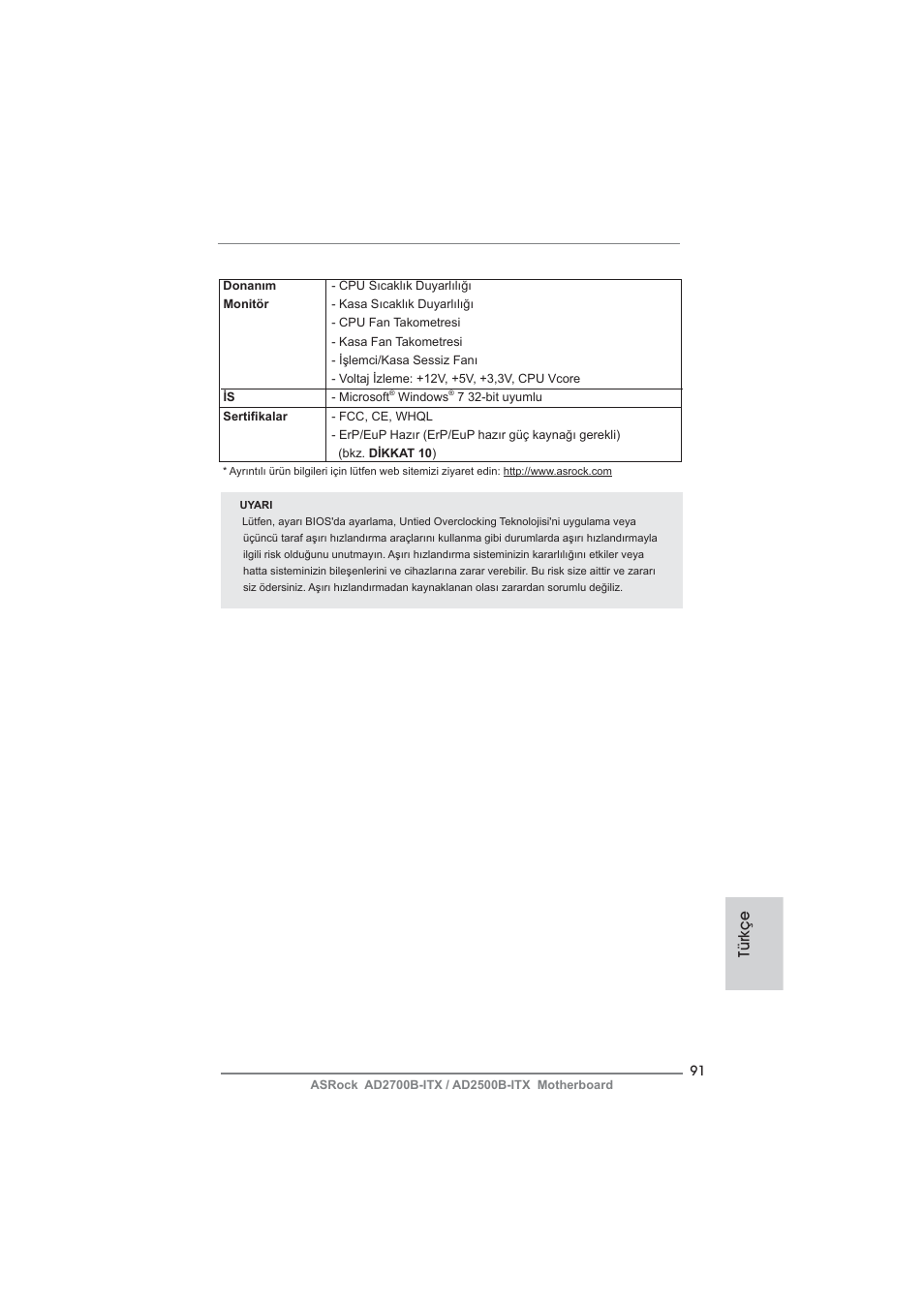 Türkçe | ASRock AD2700B-ITX User Manual | Page 91 / 143