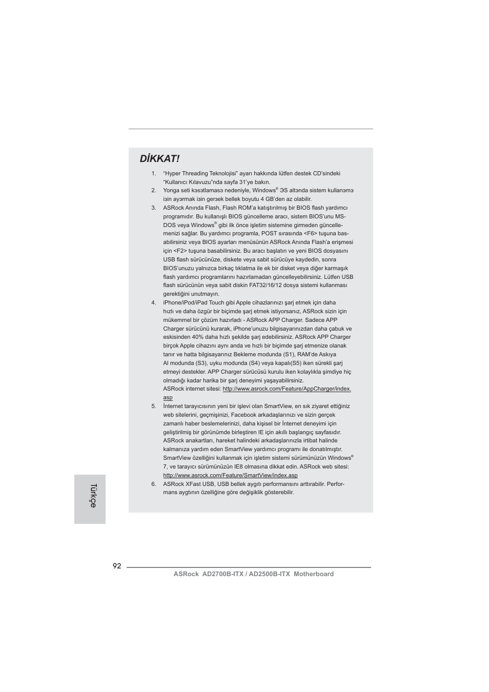 Dikkat, Türkçe | ASRock AD2700B-ITX User Manual | Page 92 / 143