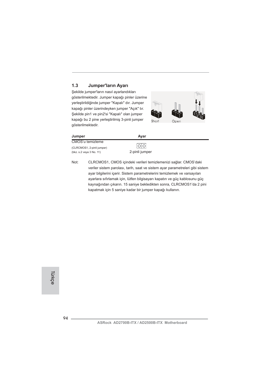 3 jumper'ların ayarı, Türkçe | ASRock AD2700B-ITX User Manual | Page 94 / 143