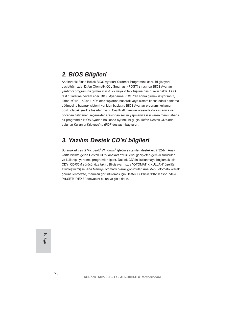 Bios bilgileri, Yazılım destek cd’si bilgileri | ASRock AD2700B-ITX User Manual | Page 98 / 143
