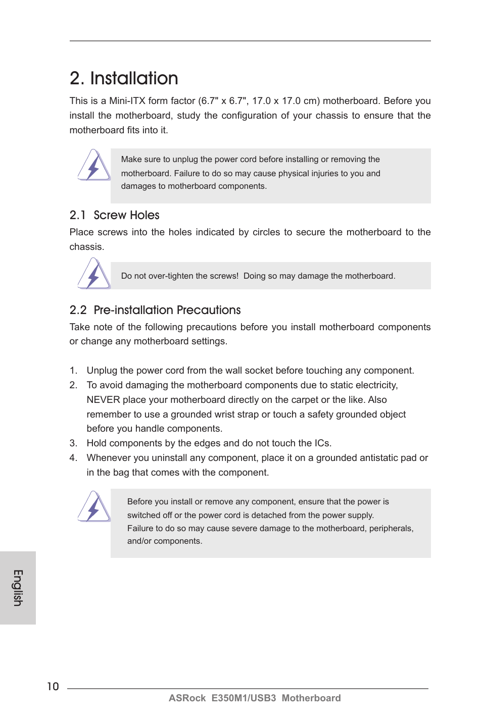 Installation, English, 1 screw holes | 2 pre-installation precautions | ASRock E350M1__USB3 User Manual | Page 10 / 144