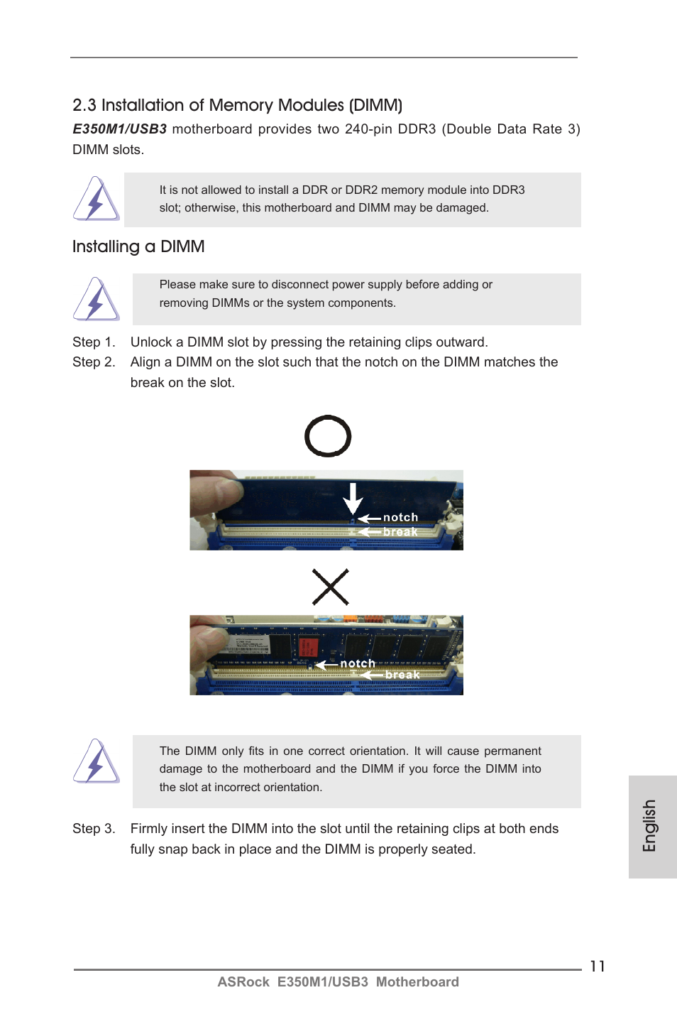 Installing a dimm | ASRock E350M1__USB3 User Manual | Page 11 / 144