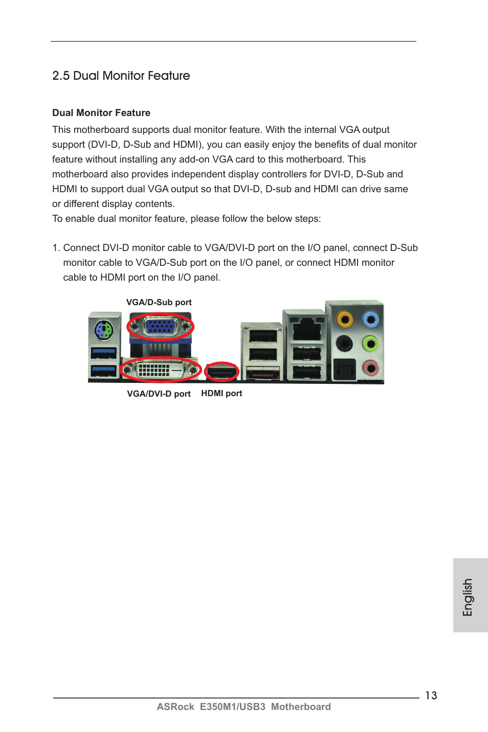 English 2.5 dual monitor feature | ASRock E350M1__USB3 User Manual | Page 13 / 144