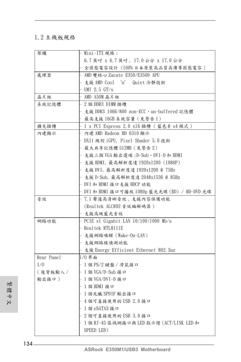 2 主機板規格, 繁體中文 | ASRock E350M1__USB3 User Manual | Page 134 / 144