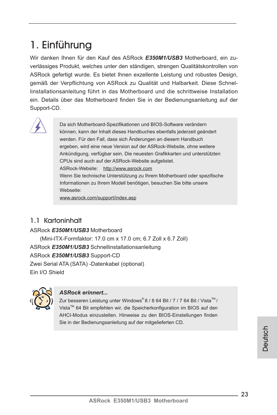 German, Einführung, Deutsch | 1 kartoninhalt | ASRock E350M1__USB3 User Manual | Page 23 / 144