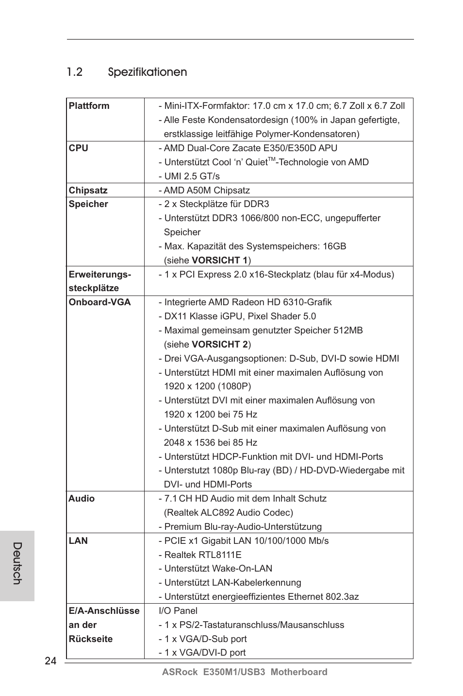 2 spezifikationen, Deutsch | ASRock E350M1__USB3 User Manual | Page 24 / 144