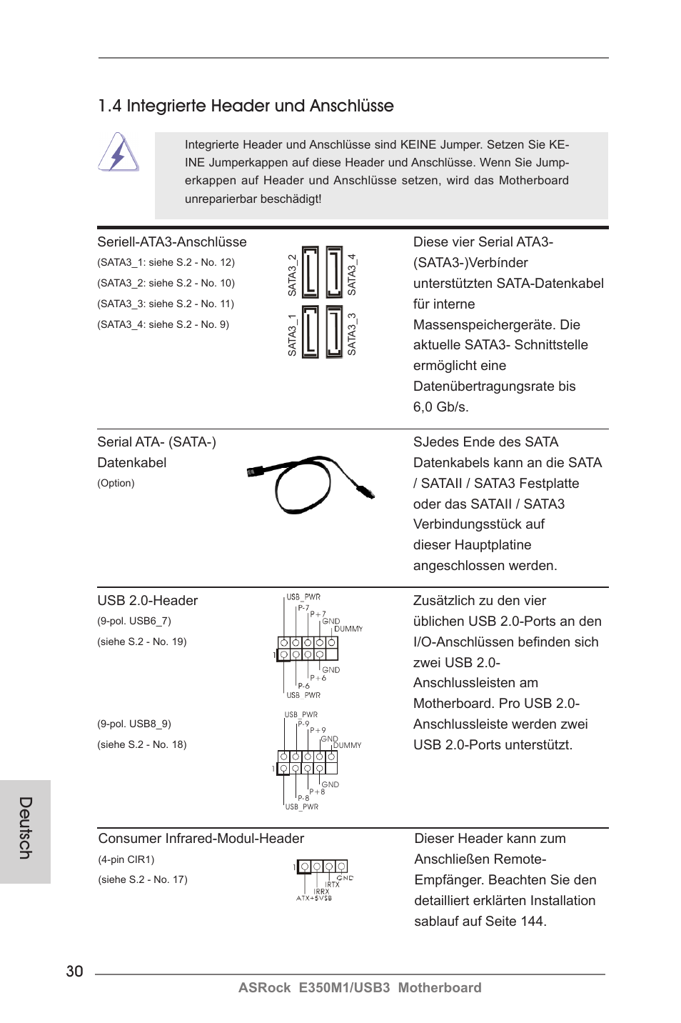 Deutsch 1.4 integrierte header und anschlüsse | ASRock E350M1__USB3 User Manual | Page 30 / 144
