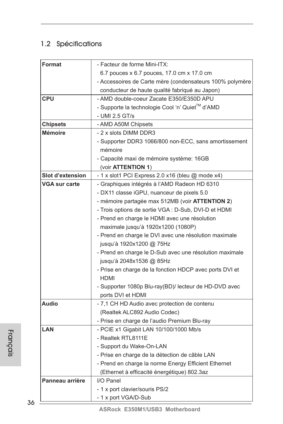 2 spécifications, Français | ASRock E350M1__USB3 User Manual | Page 36 / 144