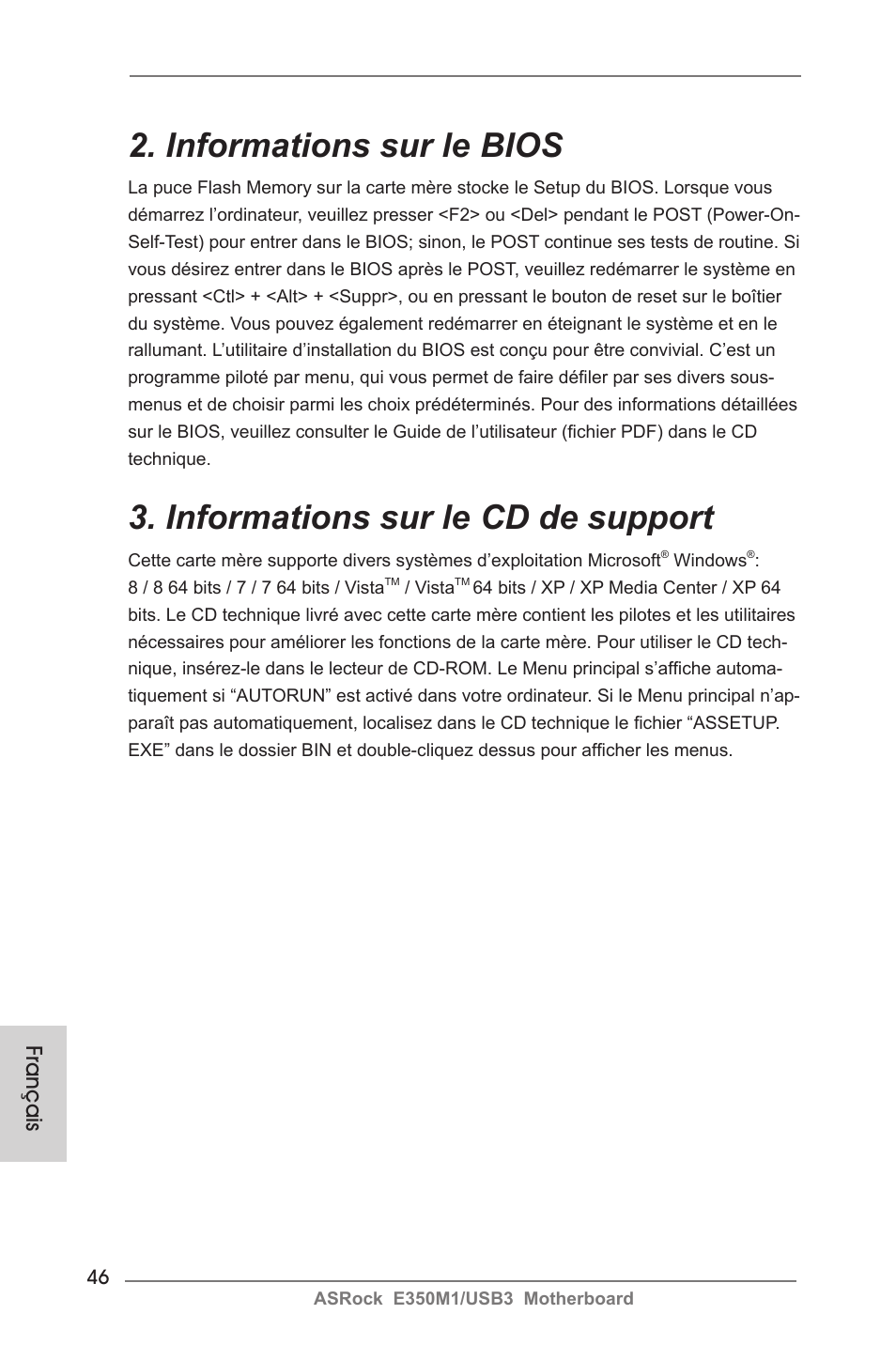 Informations sur le bios, Informations sur le cd de support, Français | ASRock E350M1__USB3 User Manual | Page 46 / 144