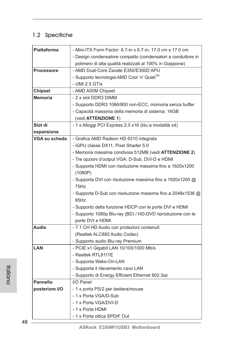 2 specifiche, Italiano | ASRock E350M1__USB3 User Manual | Page 48 / 144