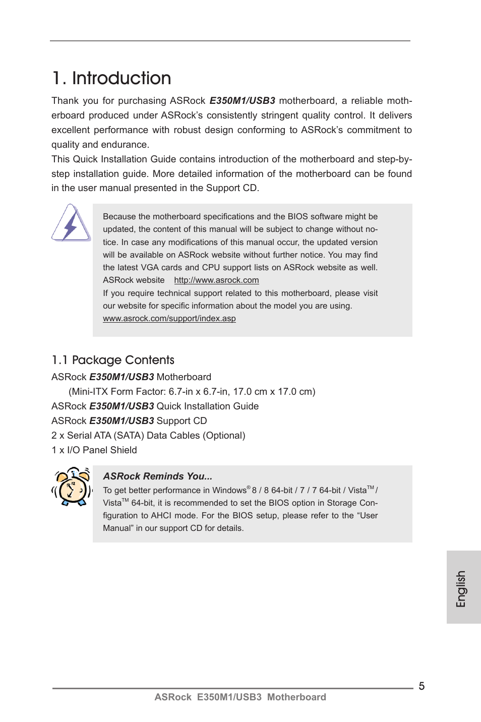 Introduction, 1 package contents, English | ASRock E350M1__USB3 User Manual | Page 5 / 144