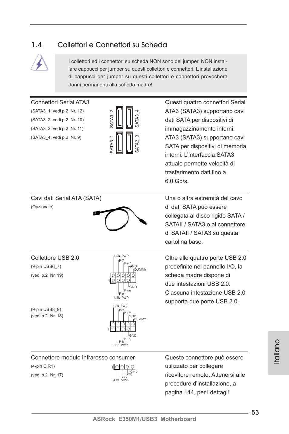Italiano 1.4 collettori e connettori su scheda | ASRock E350M1__USB3 User Manual | Page 53 / 144