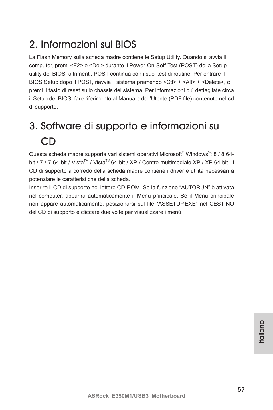 Informazioni sul bios, Software di supporto e informazioni su cd, Italiano | ASRock E350M1__USB3 User Manual | Page 57 / 144