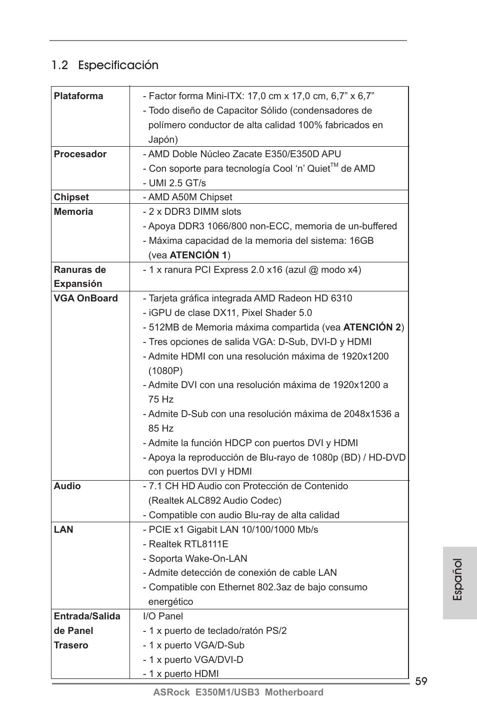 Español 1.2 especificación | ASRock E350M1__USB3 User Manual | Page 59 / 144