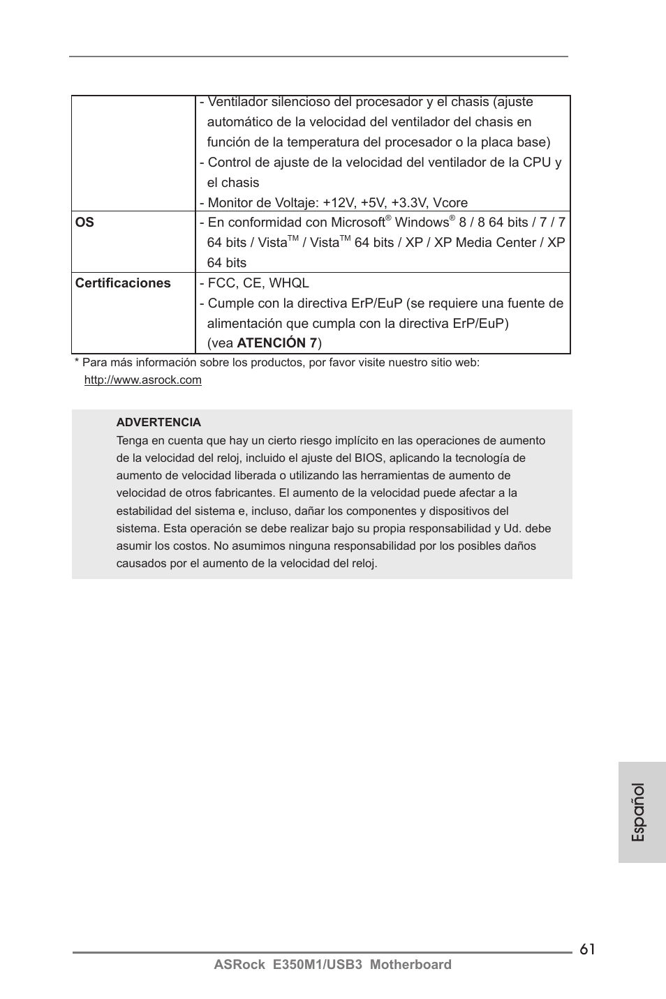 Español | ASRock E350M1__USB3 User Manual | Page 61 / 144