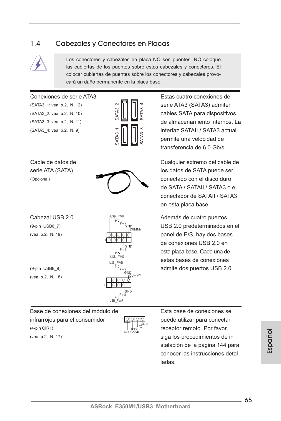 Español 1.4 cabezales y conectores en placas | ASRock E350M1__USB3 User Manual | Page 65 / 144