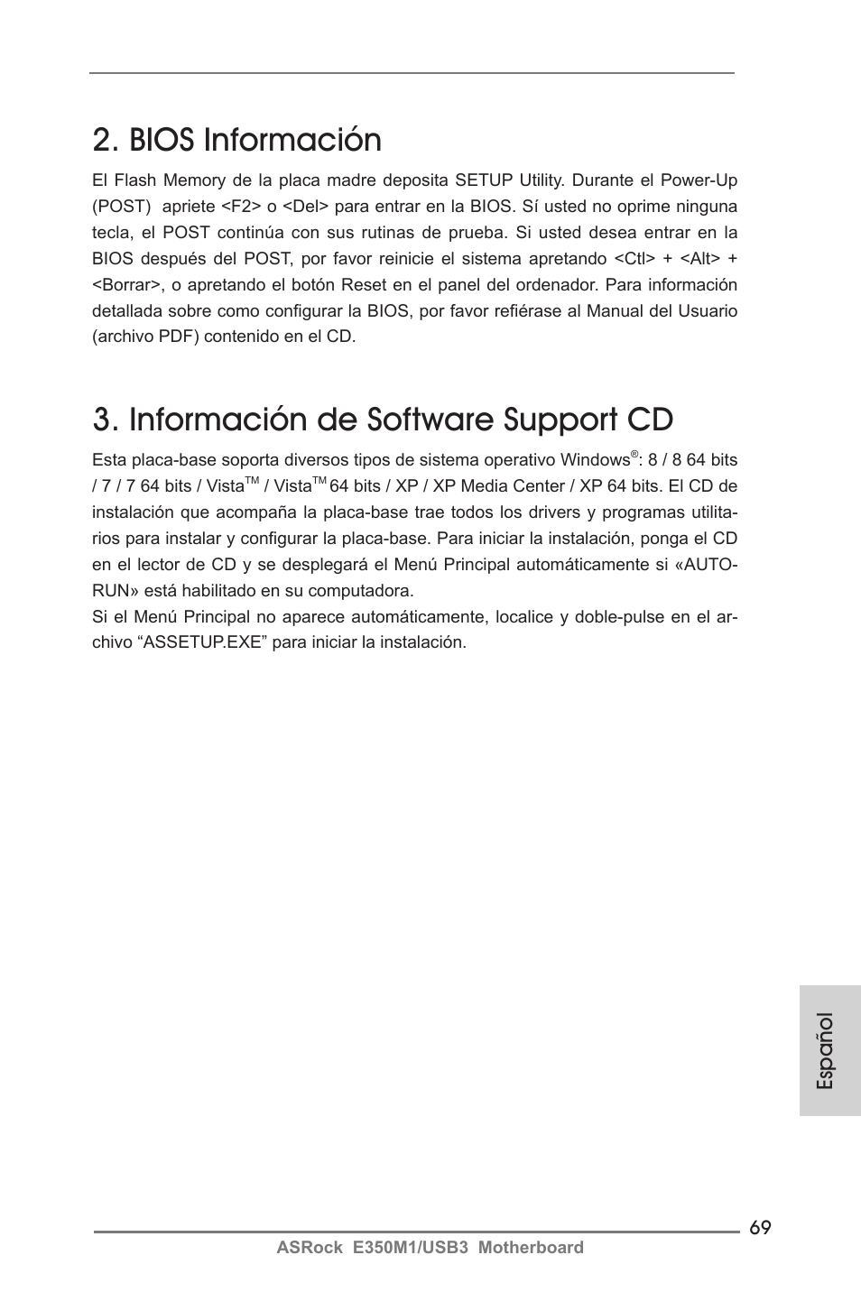 Bios información, Información de software support cd, Español | ASRock E350M1__USB3 User Manual | Page 69 / 144