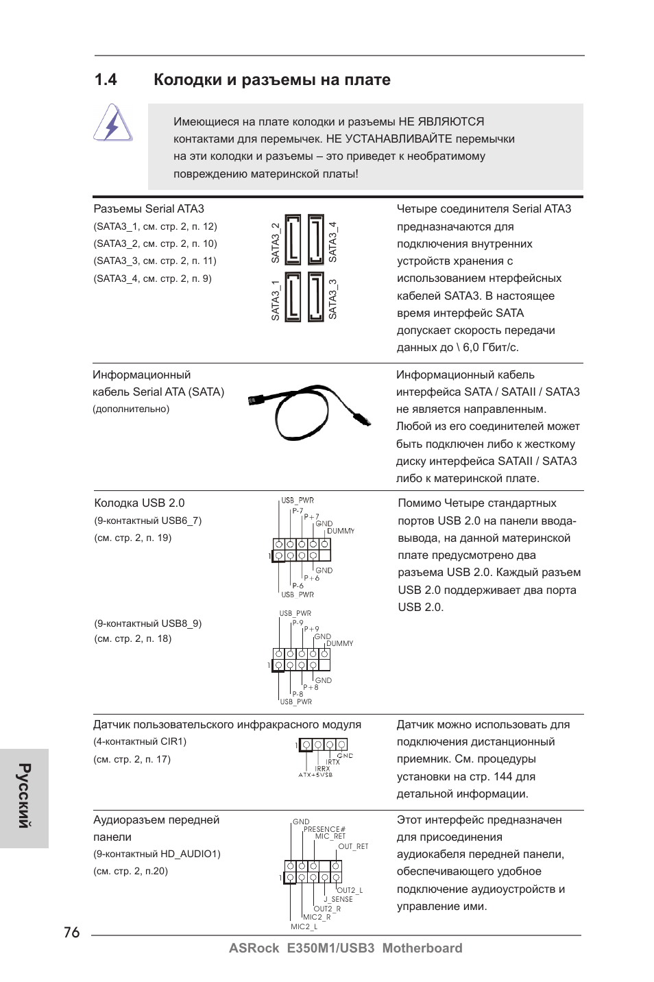 Ру сский 1.4 колодки и разъемы на плате | ASRock E350M1__USB3 User Manual | Page 76 / 144