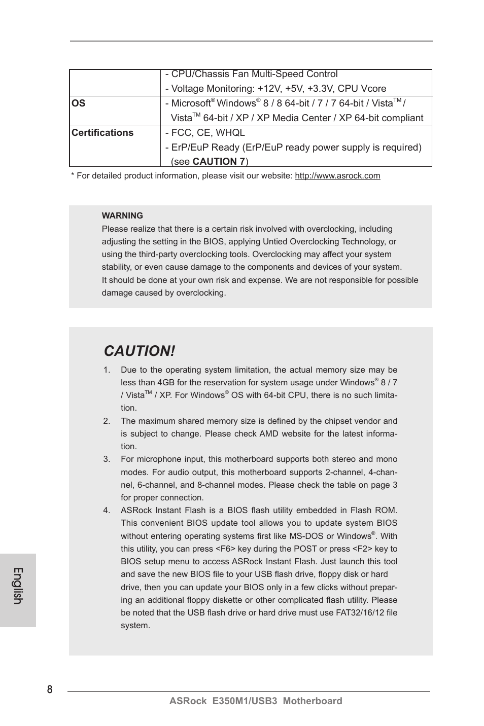 Caution, English | ASRock E350M1__USB3 User Manual | Page 8 / 144