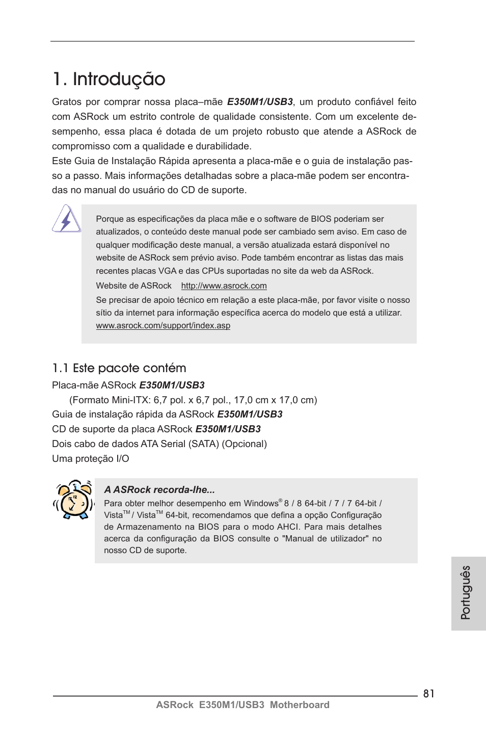 Portuguese, Introdução, 1 este pacote contém | Por tuguês | ASRock E350M1__USB3 User Manual | Page 81 / 144