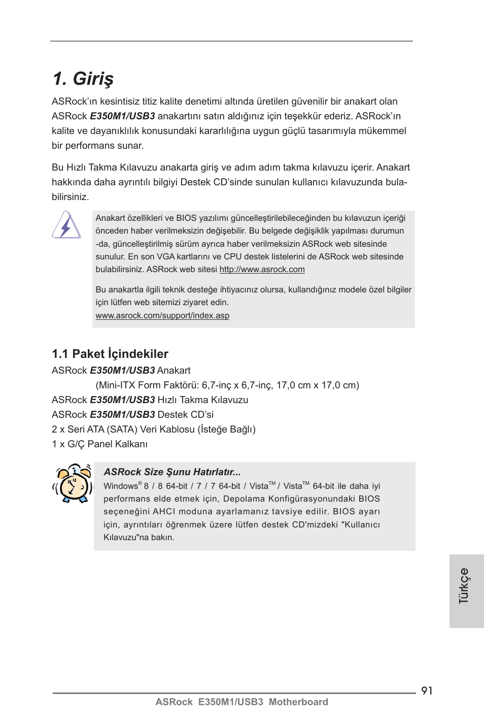 Turkish, Giriş, Türkçe | 1 paket içindekiler | ASRock E350M1__USB3 User Manual | Page 91 / 144