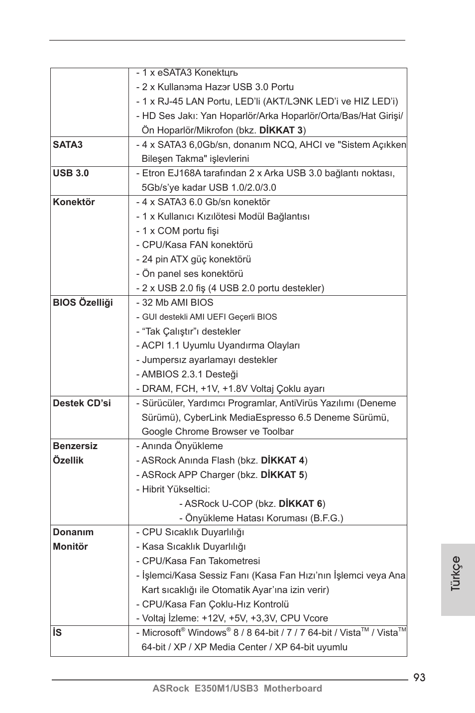Türkçe | ASRock E350M1__USB3 User Manual | Page 93 / 144
