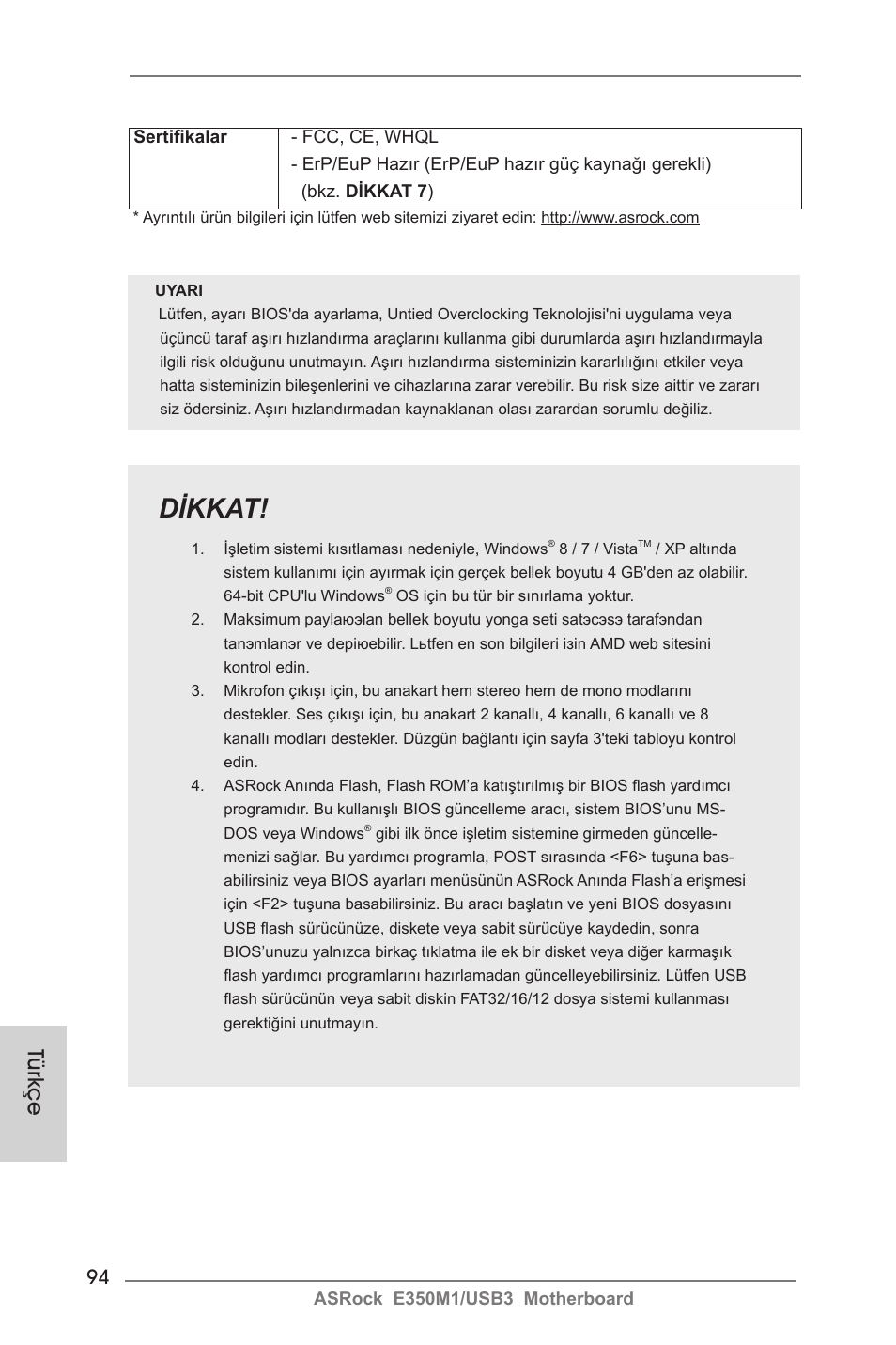 Dikkat, Türkçe | ASRock E350M1__USB3 User Manual | Page 94 / 144