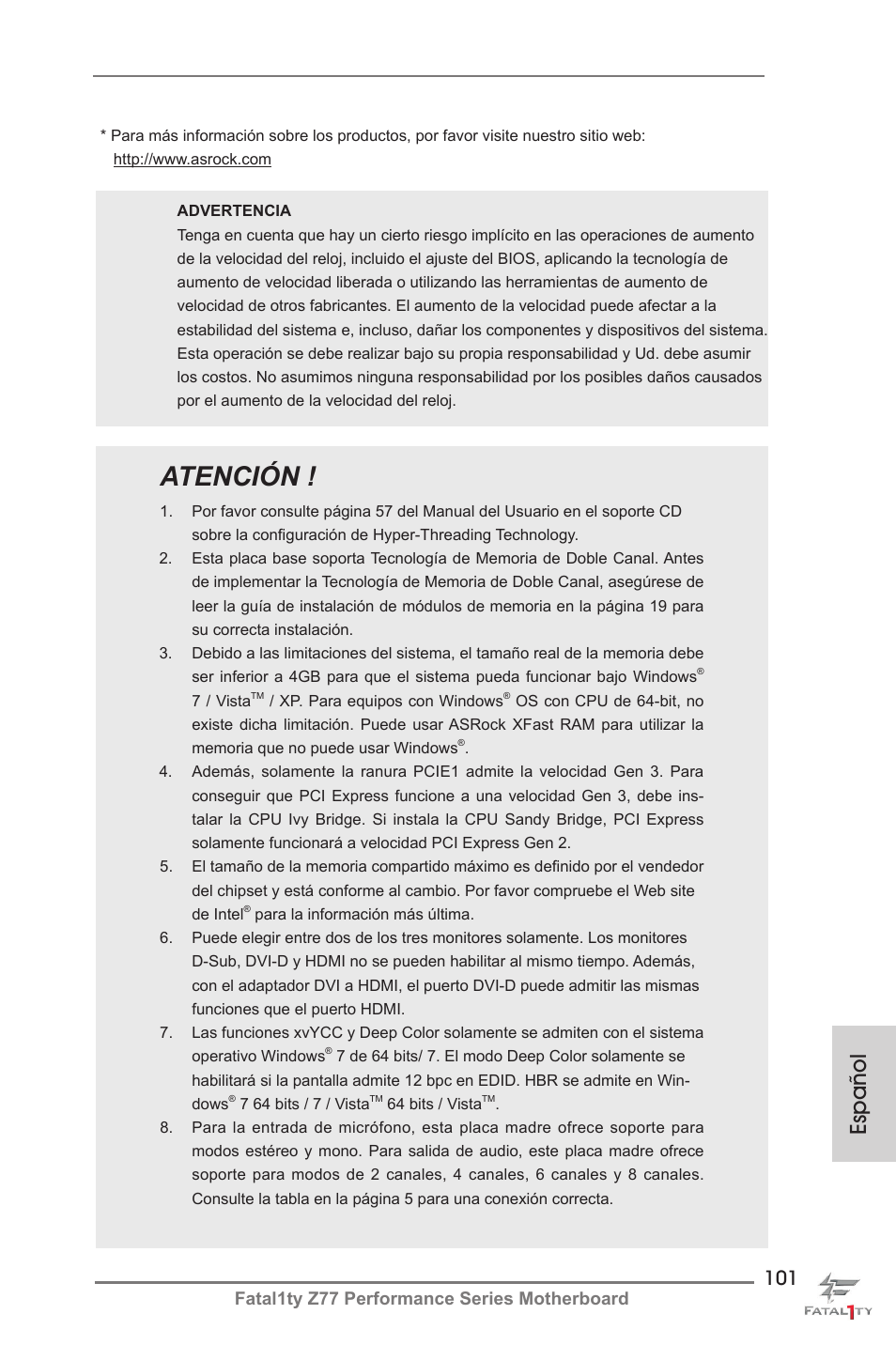 Atención, Español, Fatal1ty z77 performance series motherboard | ASRock Fatal1ty Z77 Performance User Manual | Page 101 / 219