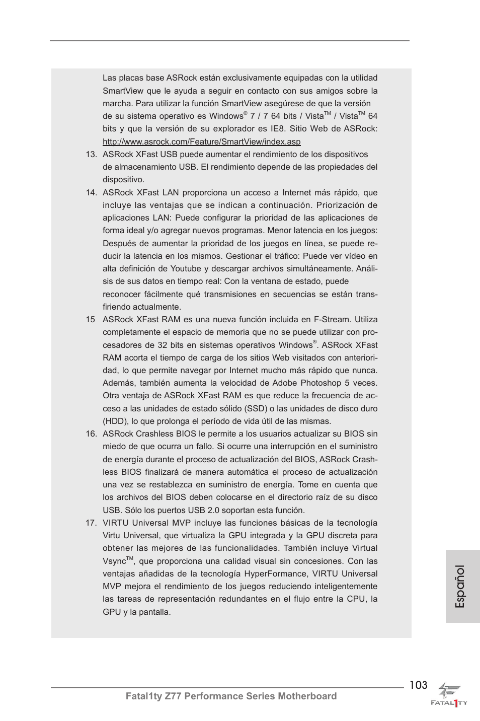 Español, Fatal1ty z77 performance series motherboard | ASRock Fatal1ty Z77 Performance User Manual | Page 103 / 219