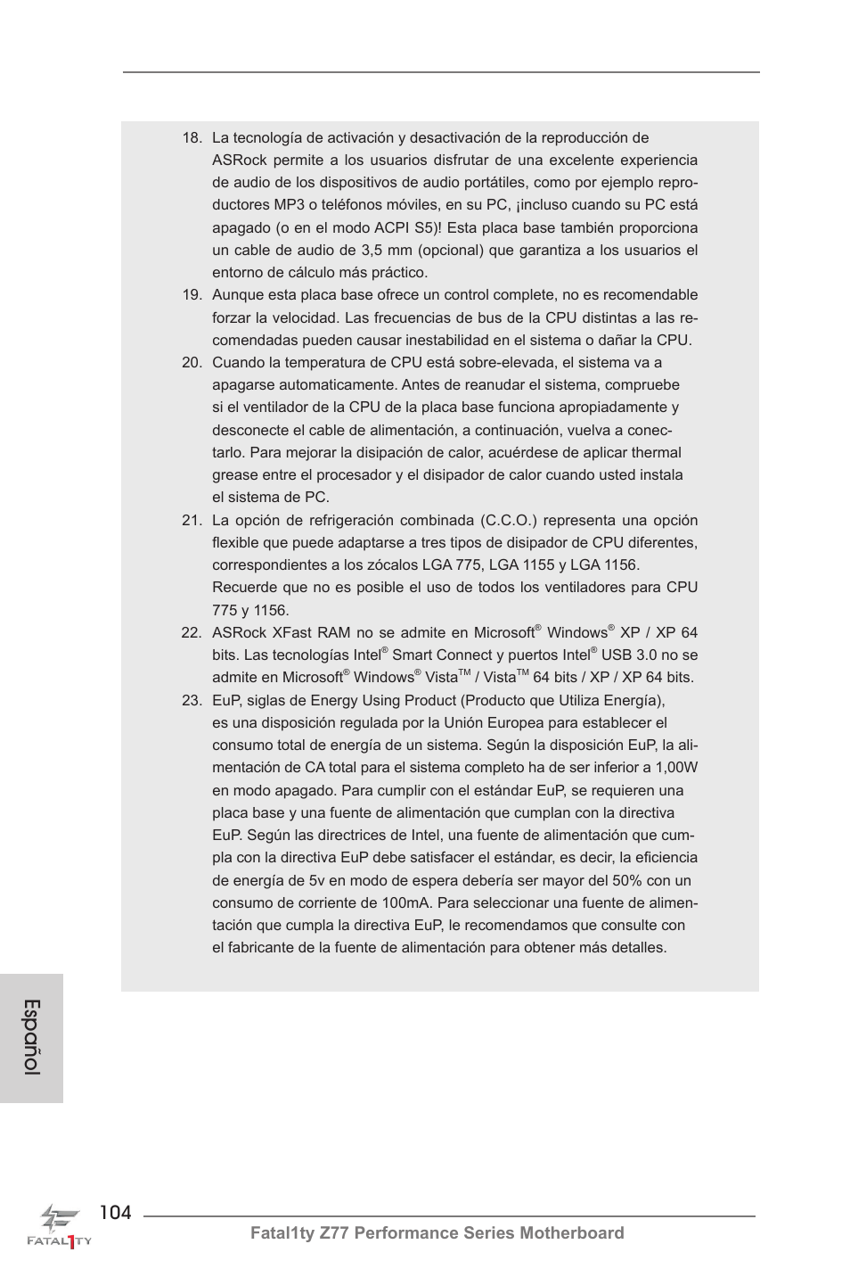 Español, Fatal1ty z77 performance series motherboard | ASRock Fatal1ty Z77 Performance User Manual | Page 104 / 219