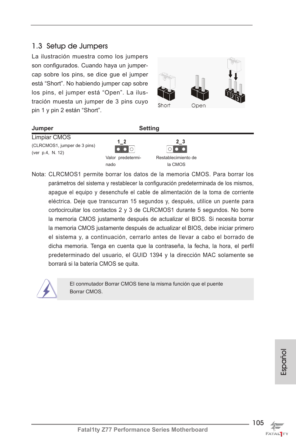 Español 1.3 setup de jumpers | ASRock Fatal1ty Z77 Performance User Manual | Page 105 / 219